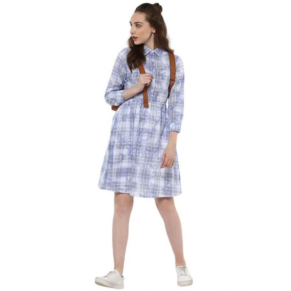 Amfyn Women's Cotton Checkered Roll Up Sleeve Above Knee Dress (Blue)