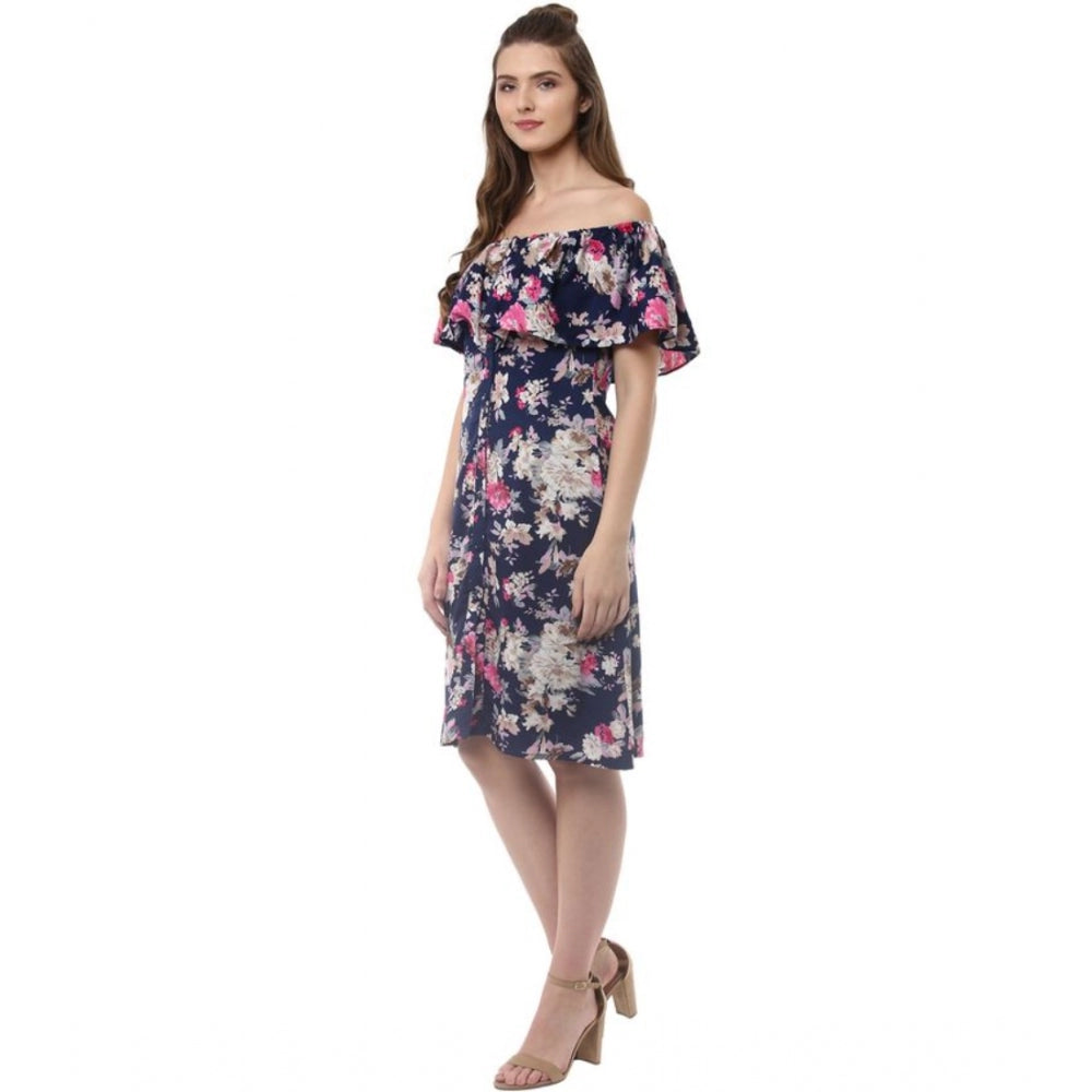 Amfyn Women's Polyester Crepe Floral Half Sleeve Above Knee Dress (Navy Blue)