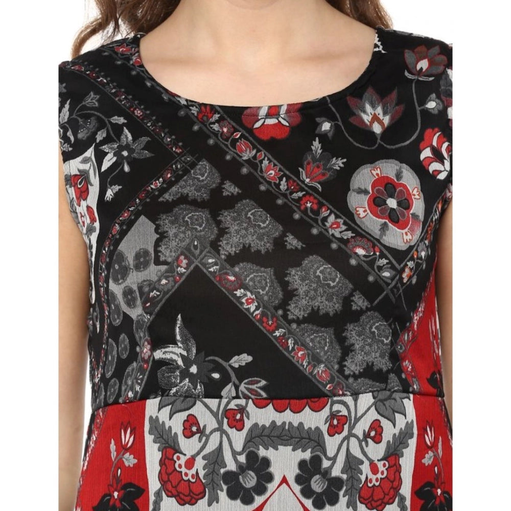 Amfyn Women's Polyester Printed Sleeveless Dress (Red - Black)