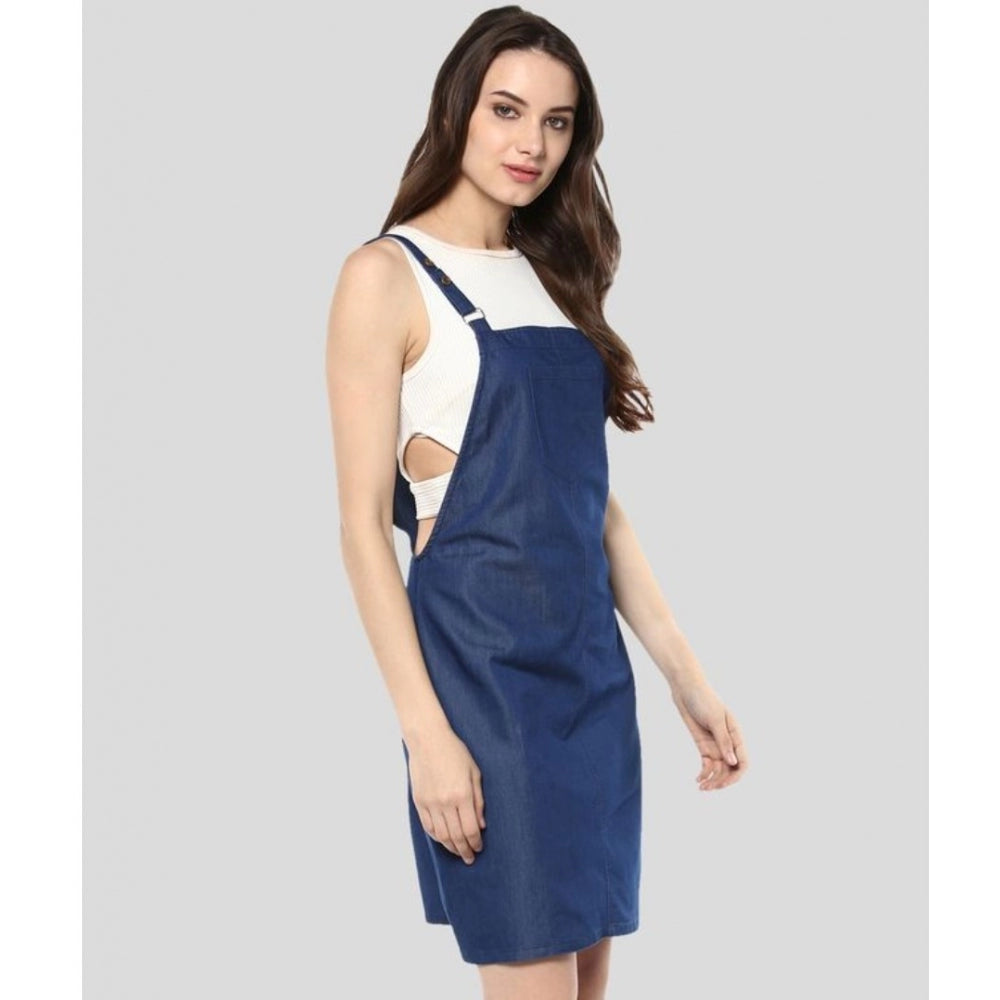 Amfyn Women's Denim Solid Shoulder Straps Above Knee Dress (Blue)