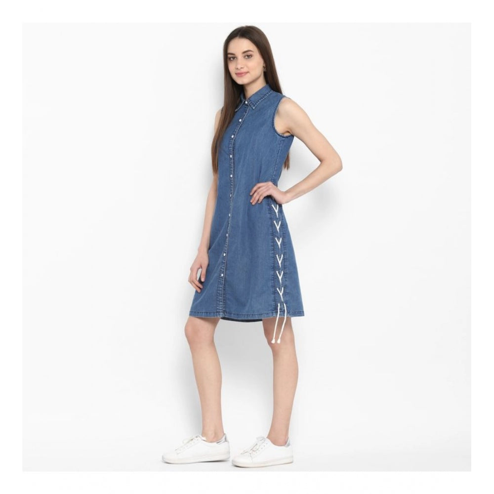 Amfyn Women's Denim Solid Sleeveless Above Knee Dress (Blue)