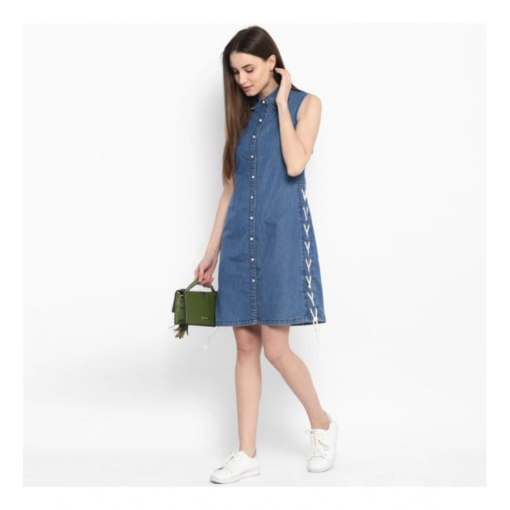 Amfyn Women's Denim Solid Sleeveless Above Knee Dress (Blue)