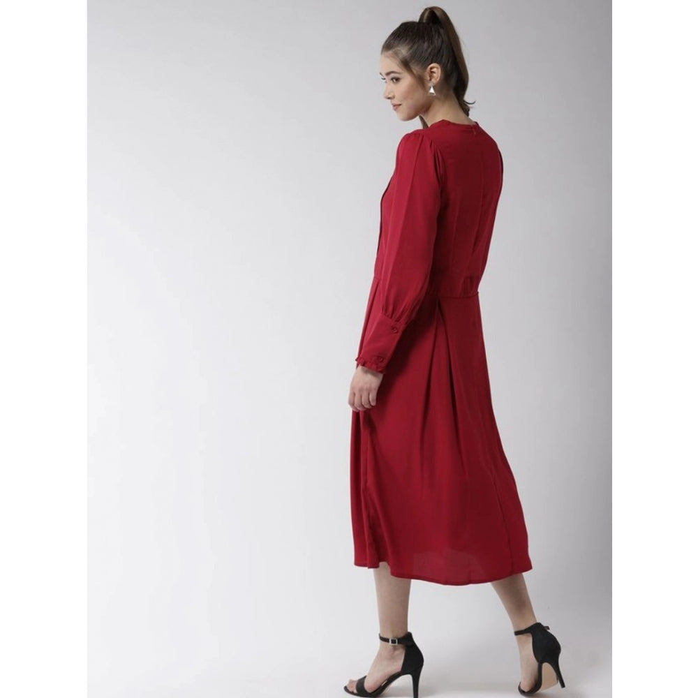 Amfyn Women's Polyester Pintuck Long Sleeves Below Knee Dress (Red)