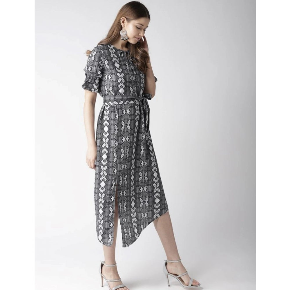 Amfyn Women's Polyester Animal Print Short Sleeve Knee-Length Dress (Black - White)