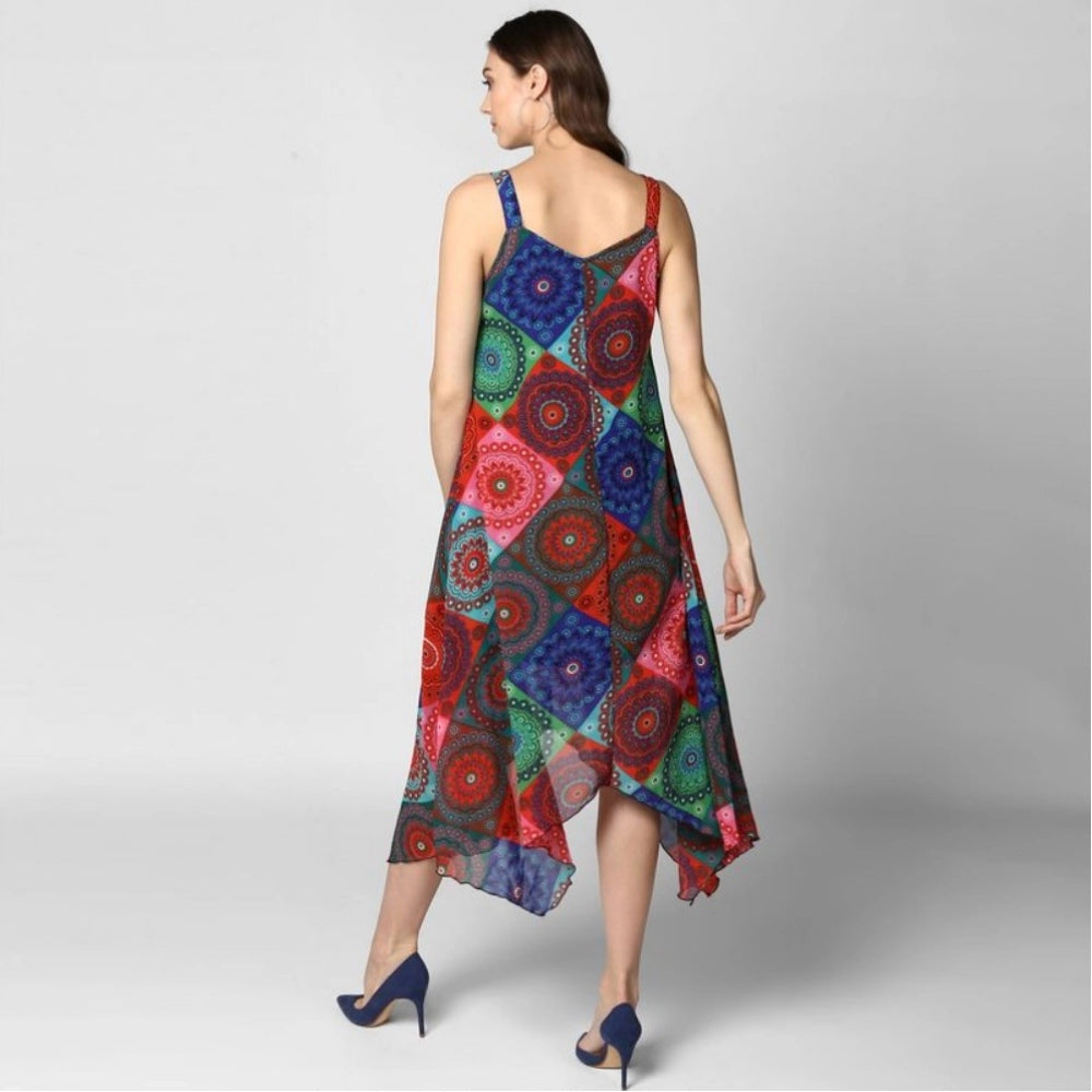Amfyn Women's Polyester Asymmetrical Shoulder Straps Knee-Length Dress (Multicolor)