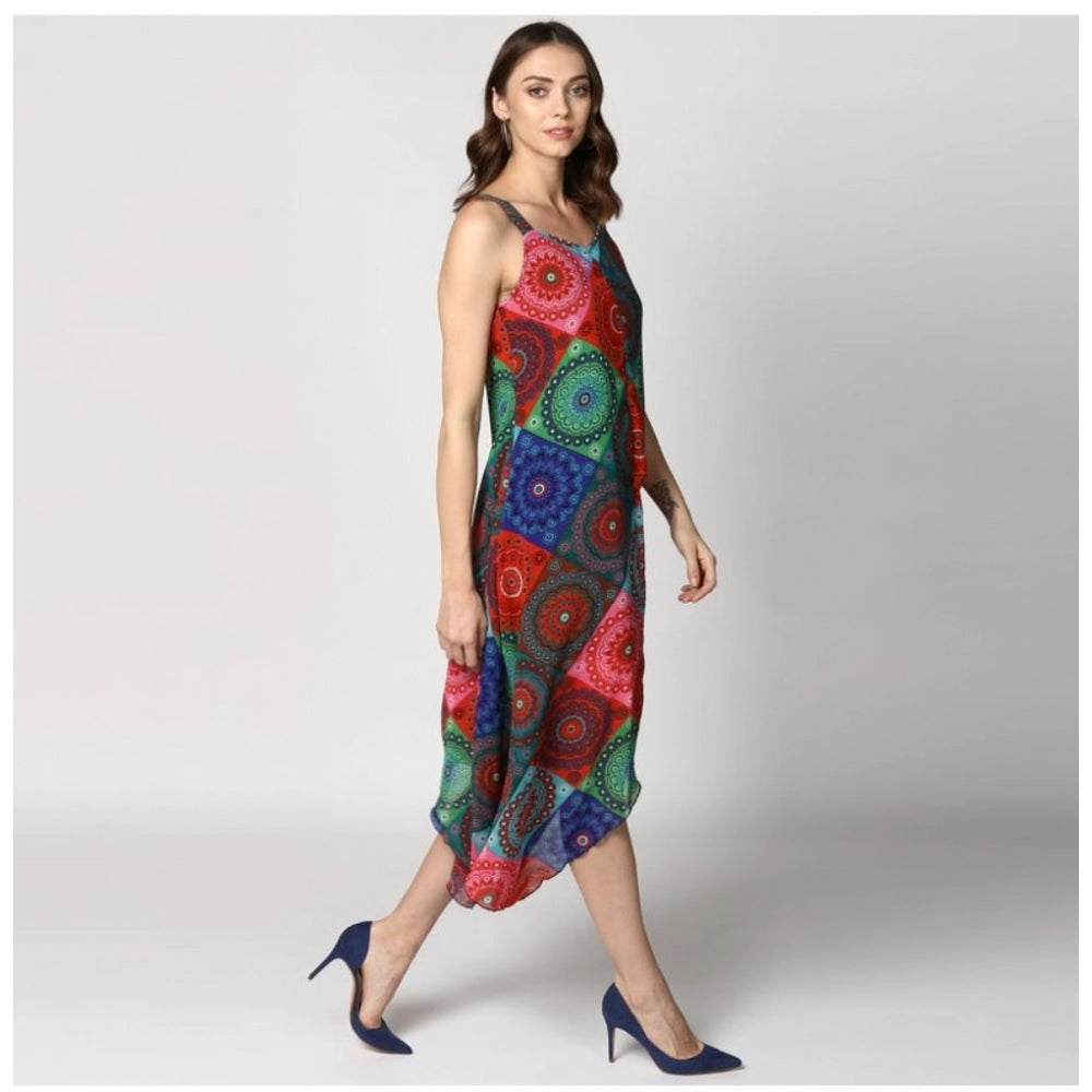 Amfyn Women's Polyester Asymmetrical Shoulder Straps Knee-Length Dress (Multicolor)
