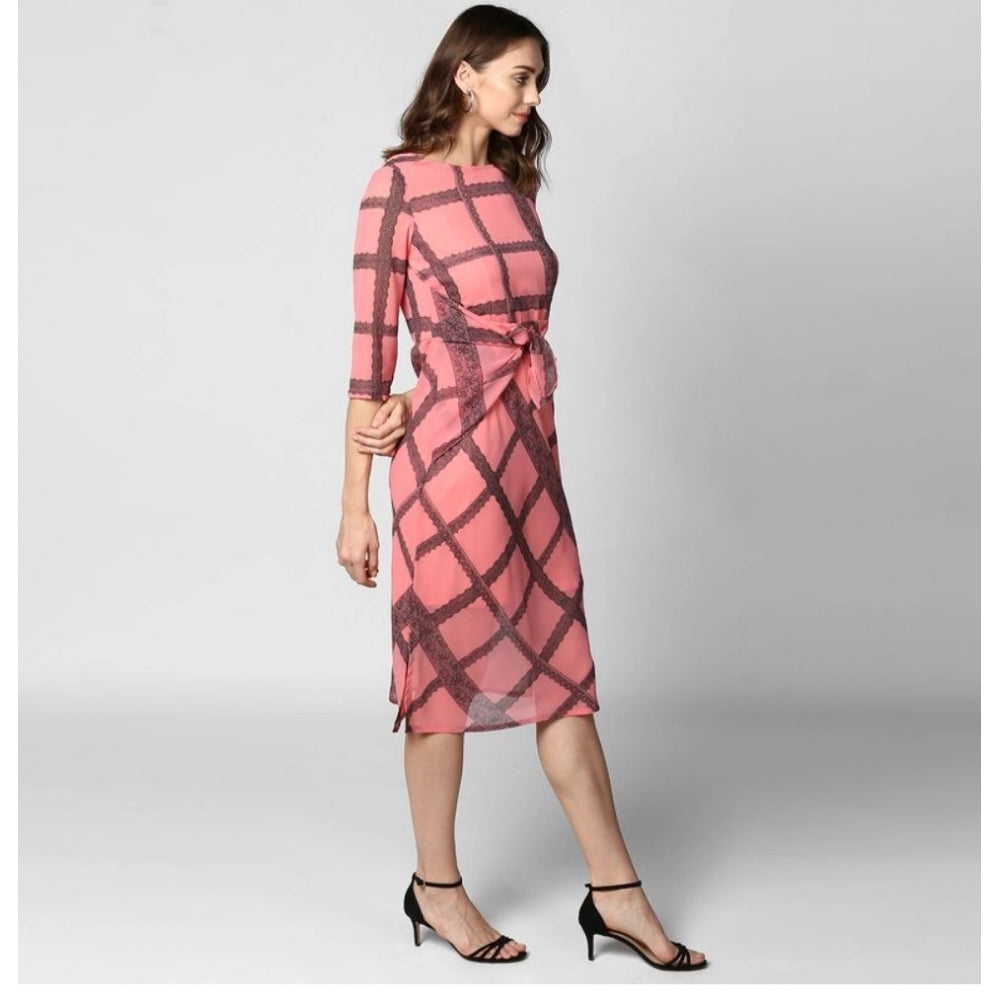 Amfyn Women's Polyester Checkered 3-4th Sleeves Below Knee Dress (Pink - Black)