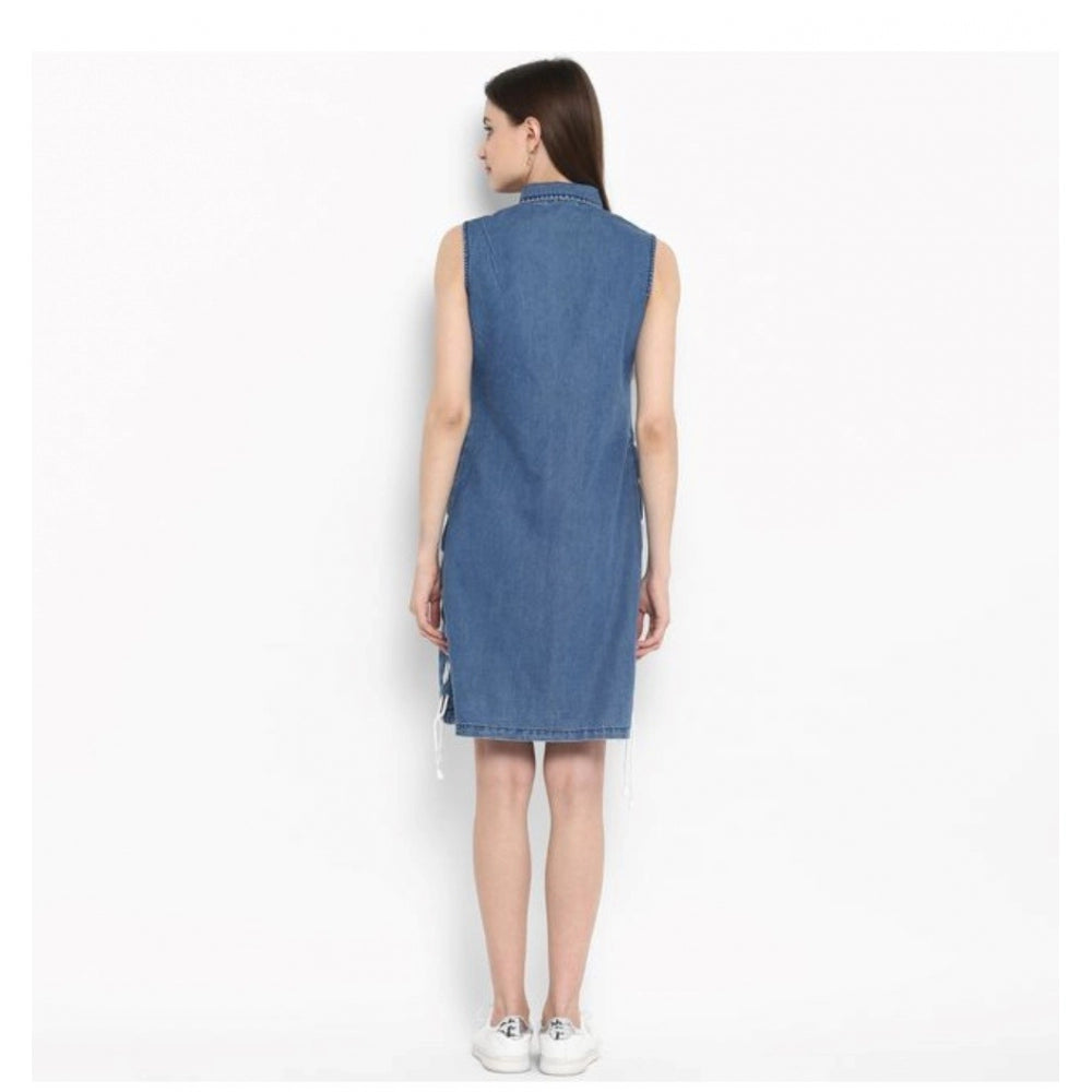 Amfyn Women's Denim Solid Sleeveless Above Knee Dress (Blue)