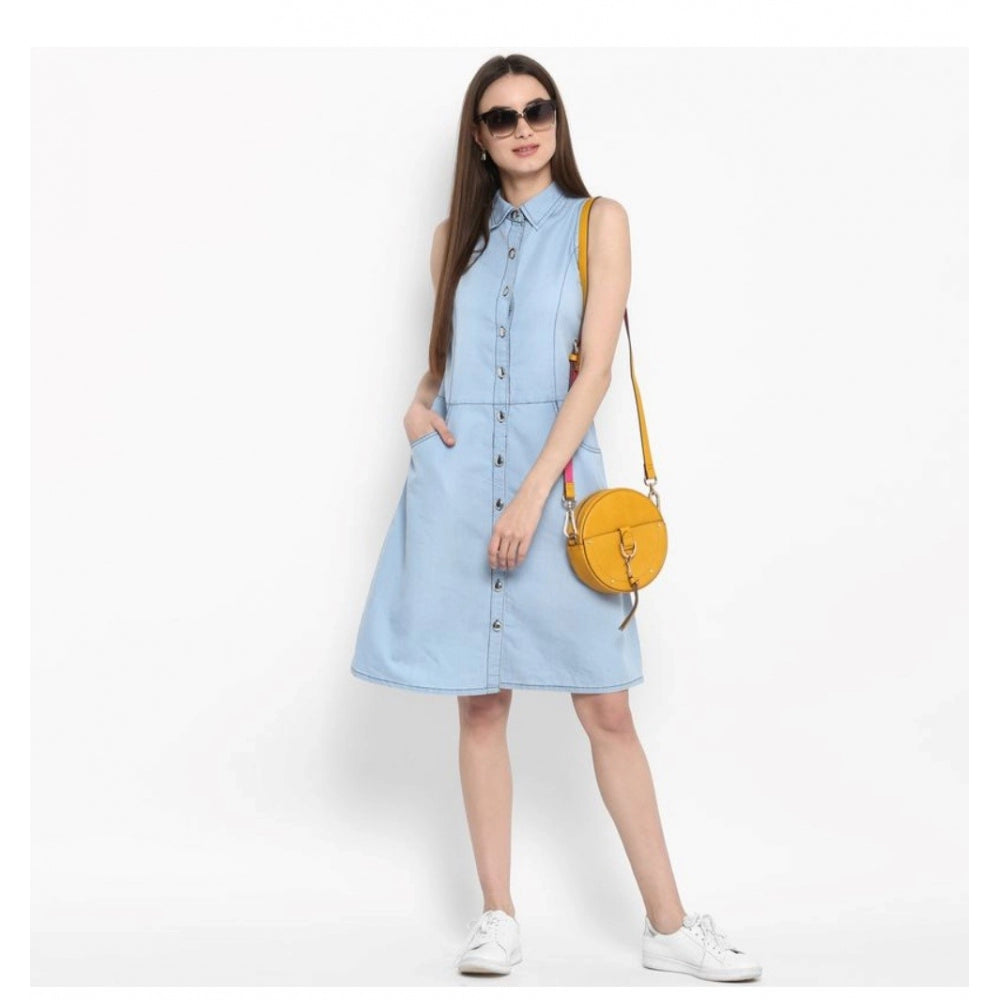 Amfyn Women's Denim Solid Sleeveless Below Knee Dress (Blue)