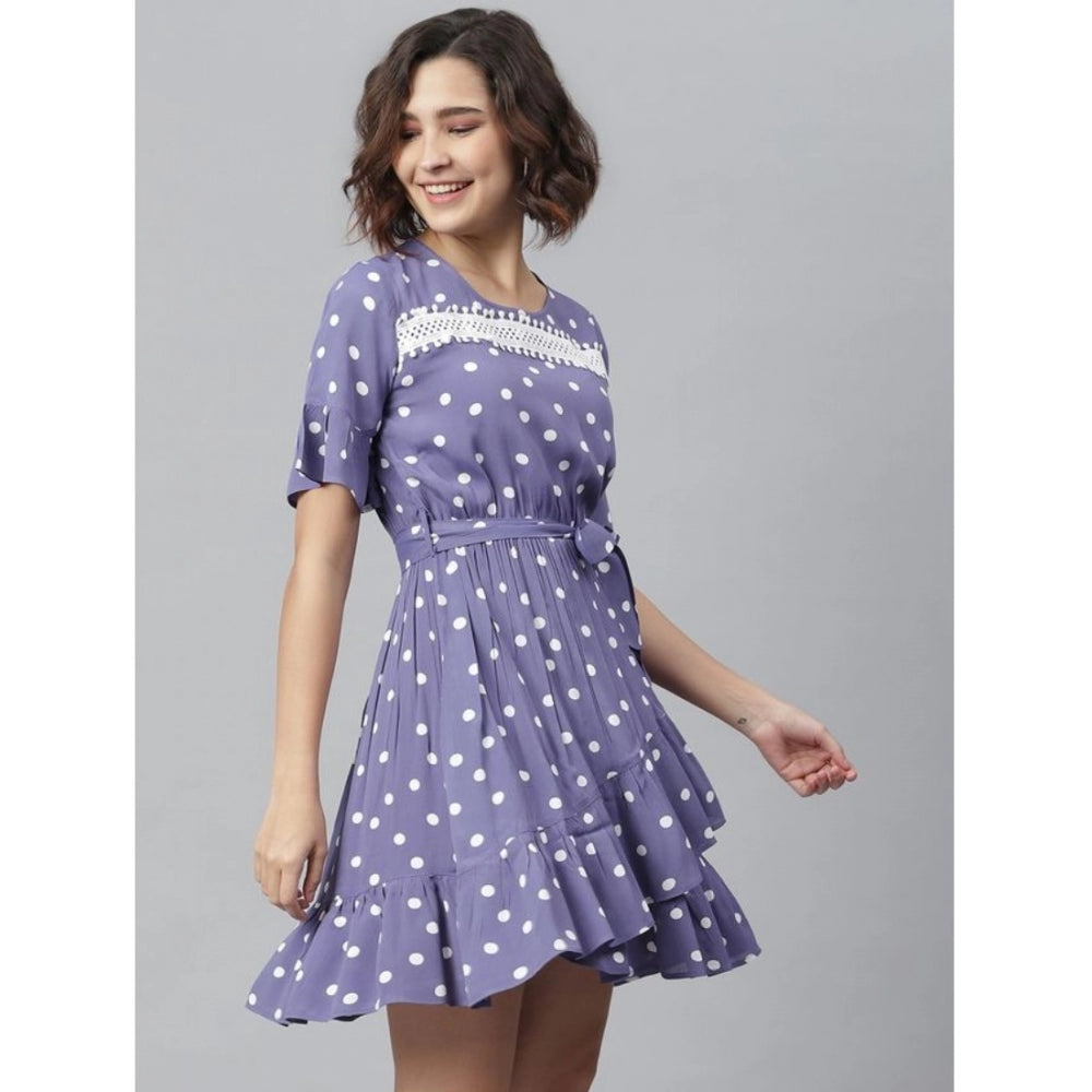 Amfyn Women's Polyester Polka Bell Sleeve Above Knee Dress (Lavender)