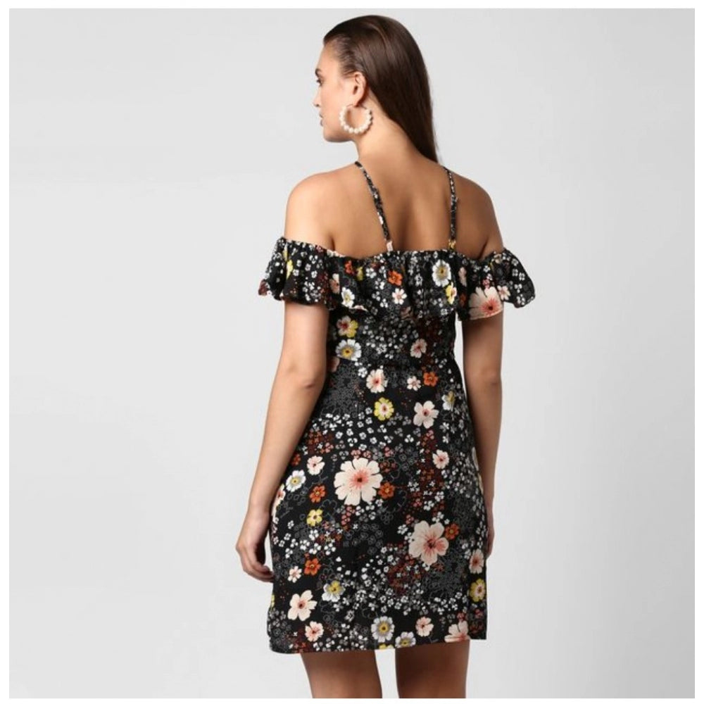 Amfyn Women's Polyester Floral Cold Shoulder Above Knee Dress (Black)