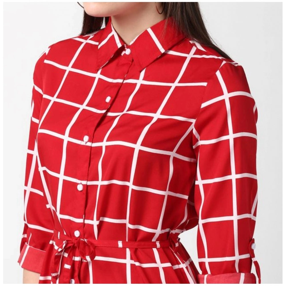 Amfyn Women's Polyester Checkered Long Sleeves Above Knee Dress (Red)