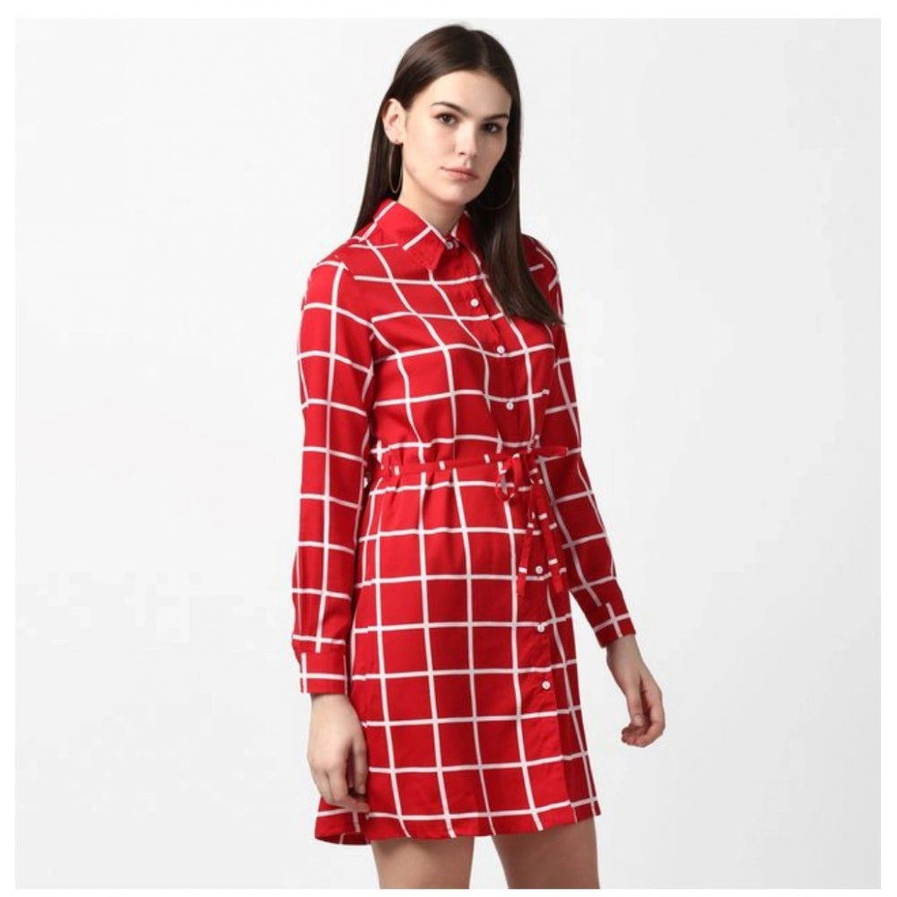 Amfyn Women's Polyester Checkered Long Sleeves Above Knee Dress (Red)
