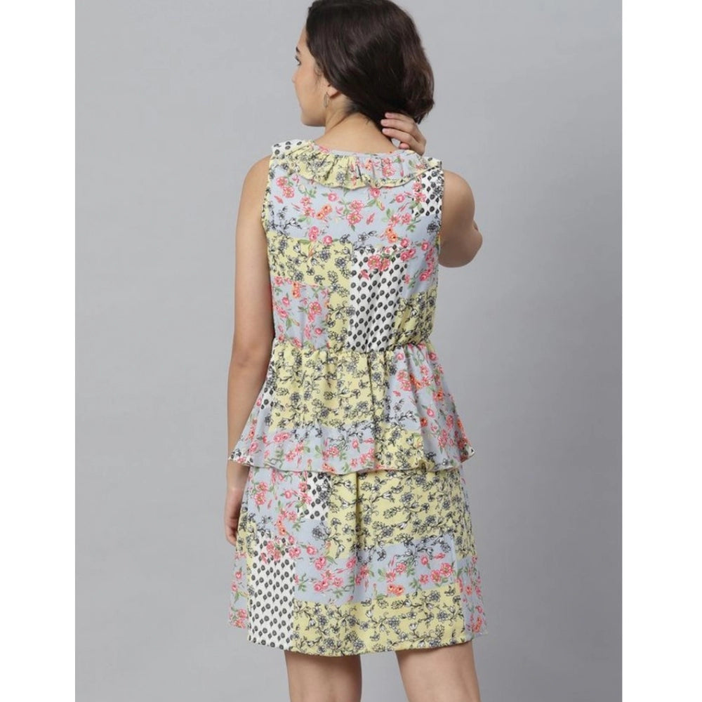 Amfyn Women's Polyester Peplum Sleeveless Above Knee Dress (Multicolor)