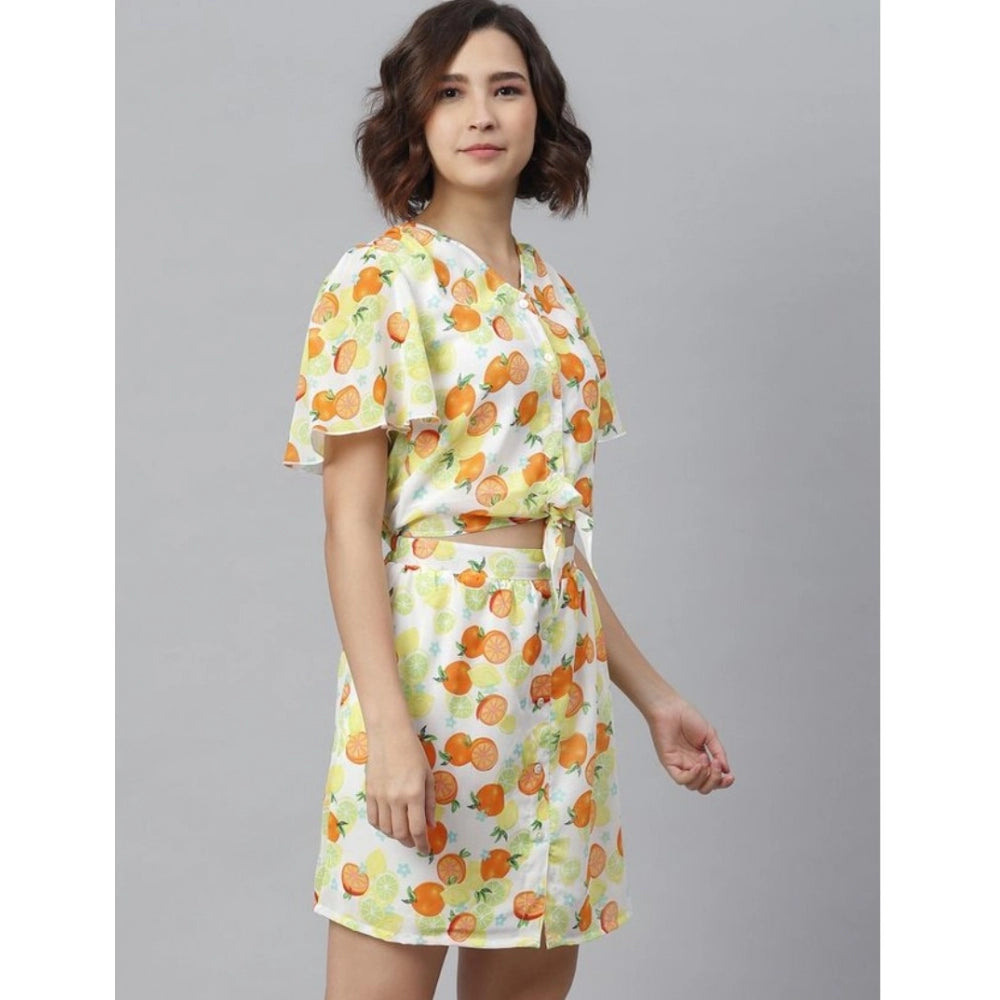 Amfyn Women's Polyester Printed Flutter Above Knee Dress (Orange - Yellow)