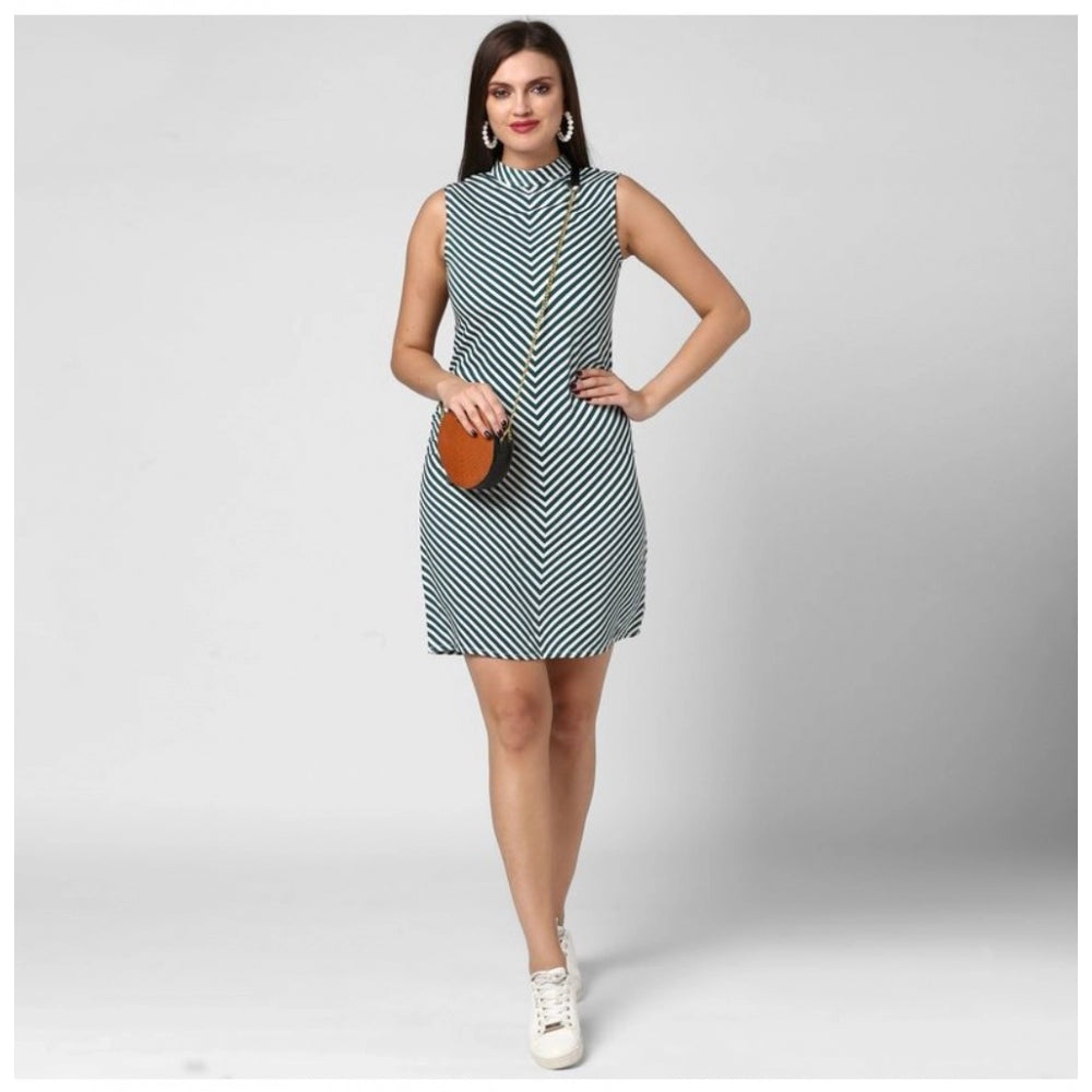 Amfyn Women's Polyester Striped Sleeveless Above Knee Dress (Green)