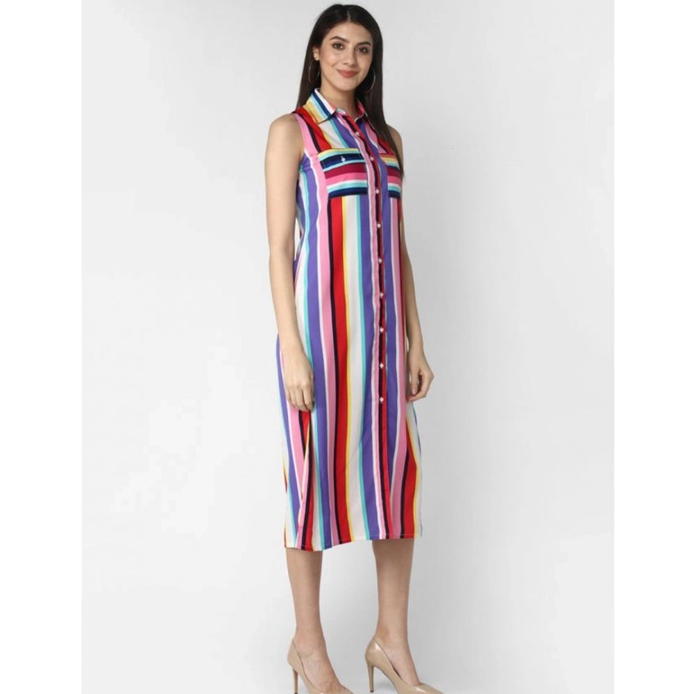 Amfyn Women's Polyester Striped Sleeveless Calf-length Dress (Multicolor)