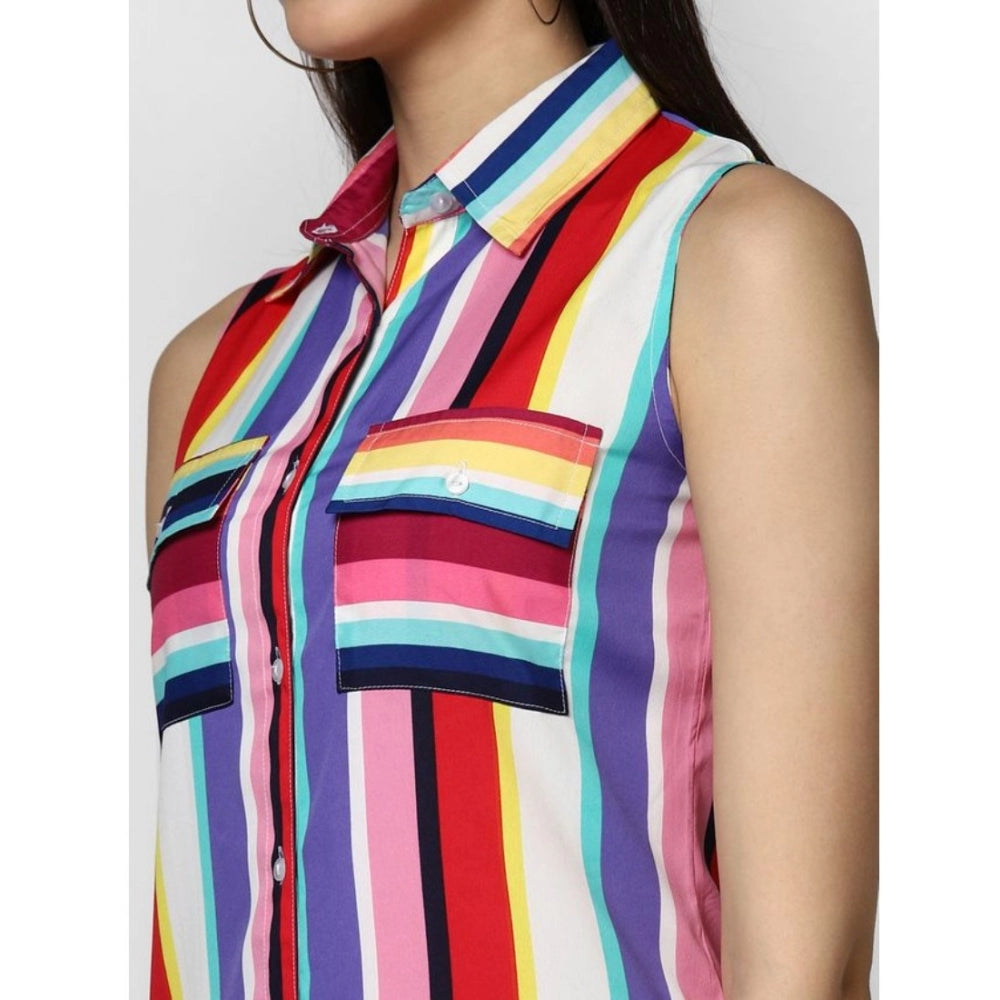 Amfyn Women's Polyester Striped Sleeveless Calf-length Dress (Multicolor)