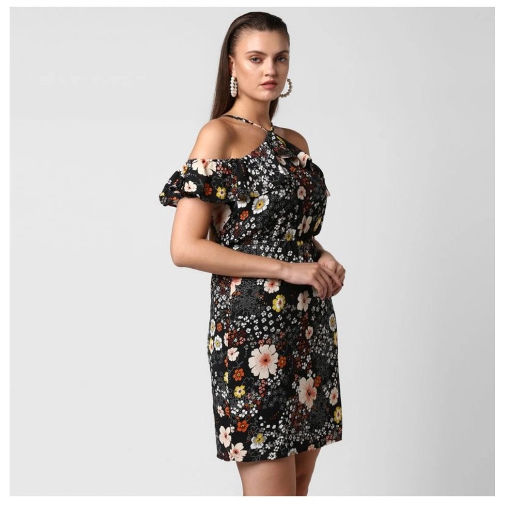 Amfyn Women's Polyester Floral Cold Shoulder Above Knee Dress (Black)