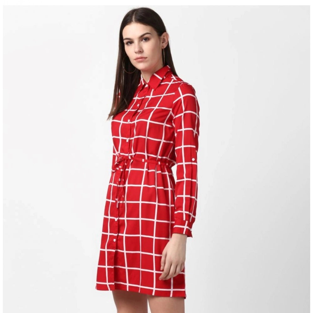 Amfyn Women's Polyester Checkered Long Sleeves Above Knee Dress (Red)