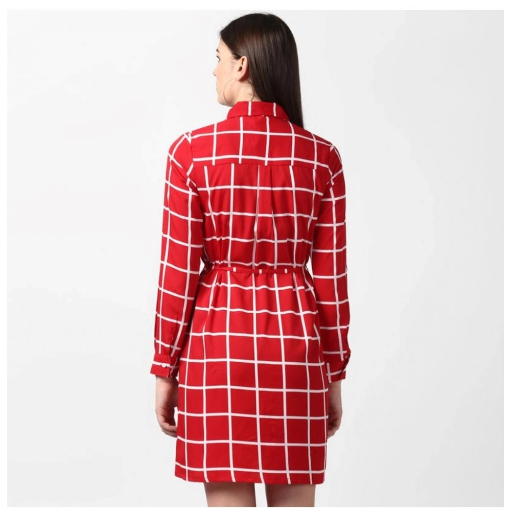 Amfyn Women's Polyester Checkered Long Sleeves Above Knee Dress (Red)