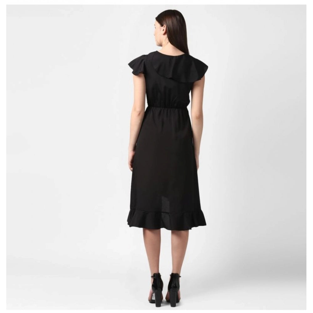 Amfyn Women's Polyester Ruffled Cap Sleeve Knee-Length Dress (Black)