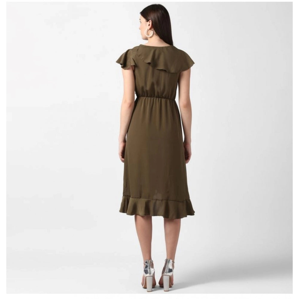 Amfyn Women's Polyester Ruffled Cap Sleeve Knee-Length Dress (Olive)