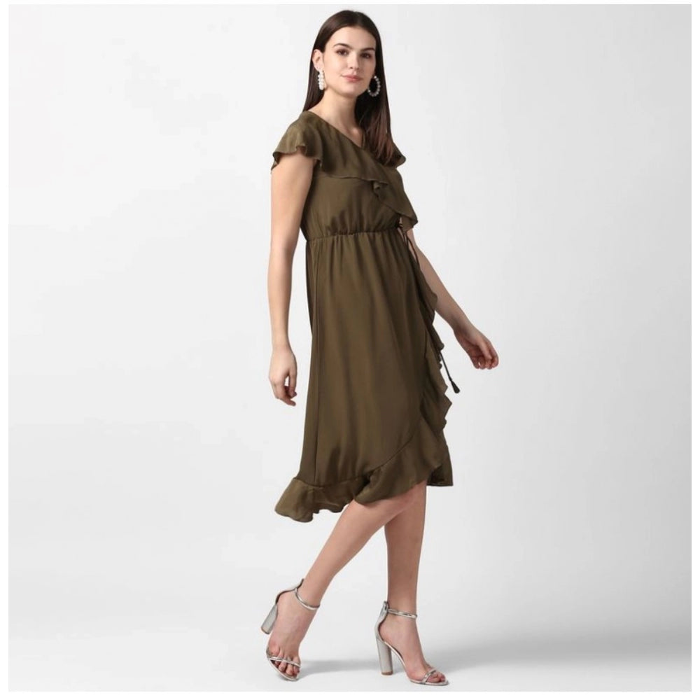 Amfyn Women's Polyester Ruffled Cap Sleeve Knee-Length Dress (Olive)