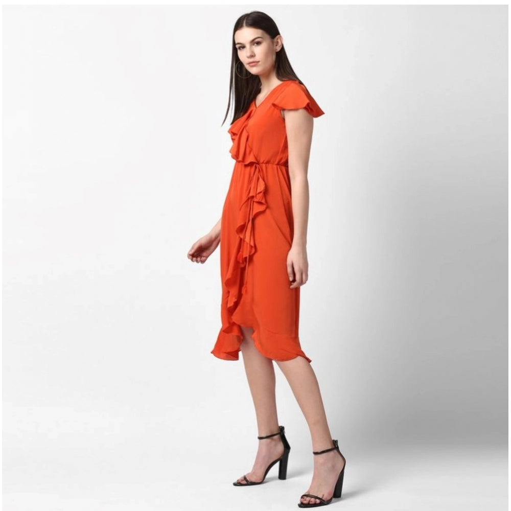 Amfyn Women's Polyester Ruffled Cap Sleeve Knee-Length Dress (Orange)