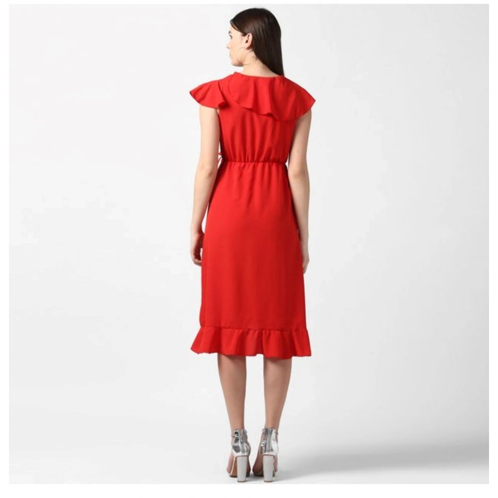 Amfyn Women's Polyester Ruffled Cap Sleeve Knee-Length Dress (Red)