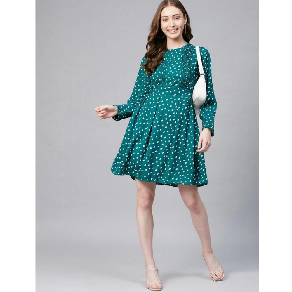Amfyn Women's Polyester Polka Long Sleeves Above Knee Dress (Green - White)