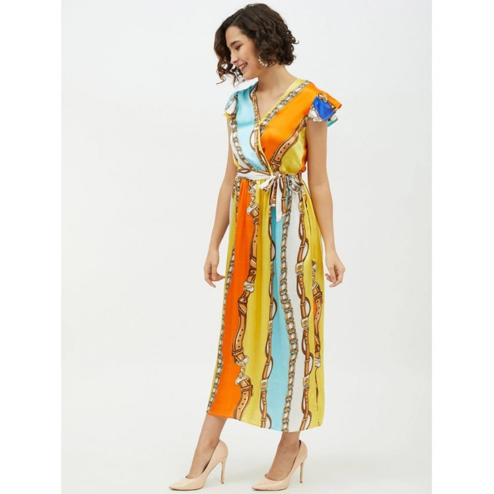 Amfyn Women's Satin Chain Print Cap Sleeve Calf-length Dress (Multicolor)