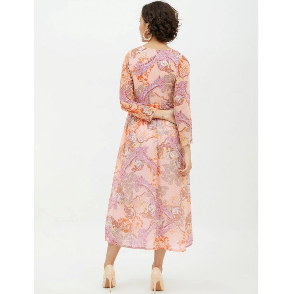 Amfyn Women's Polyester Printed Long Sleeves Calf-length Dress (Multicolor)