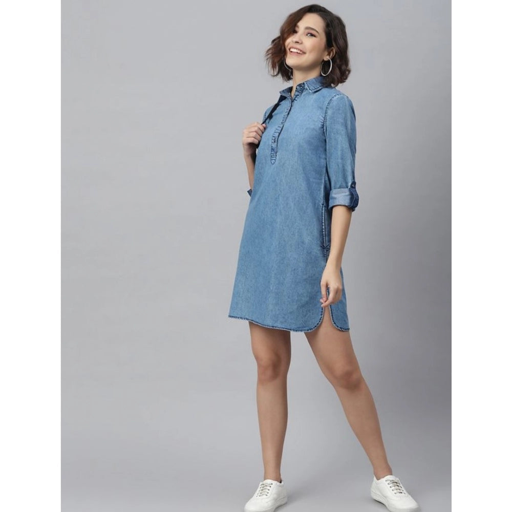 Amfyn Women's Denim Solid Long Sleeves Above Knee Dress (Ice Blue)