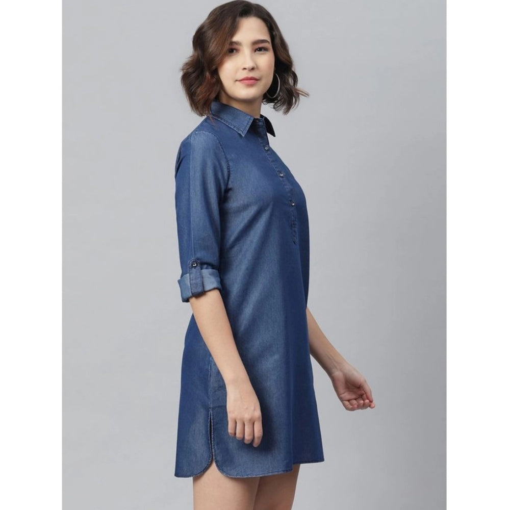 Amfyn Women's Denim Solid Long Sleeves Above Knee Dress (Navy Blue)