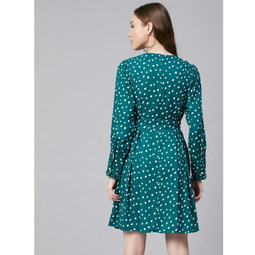 Amfyn Women's Polyester Polka Long Sleeves Above Knee Dress (Green - White)