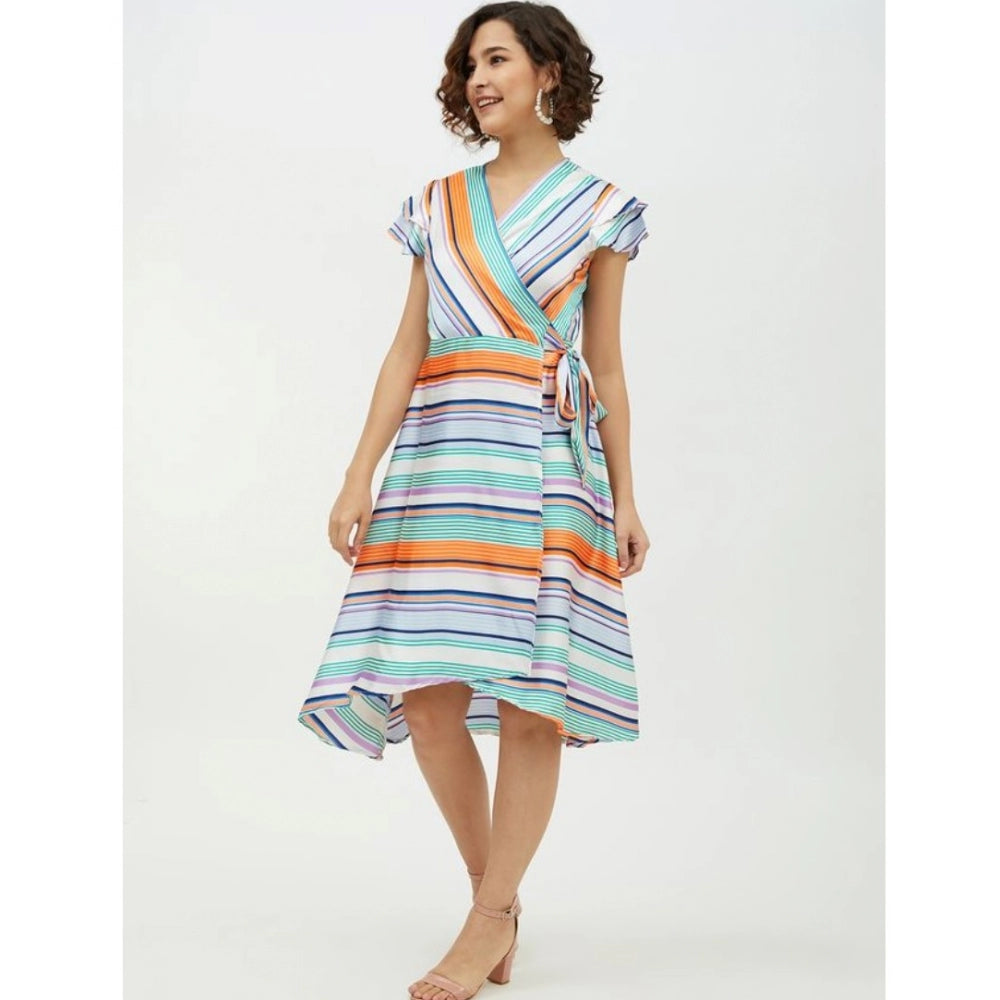 Amfyn Women's Satin Striped Short Sleeve Knee-Length Dress (Multicolor)