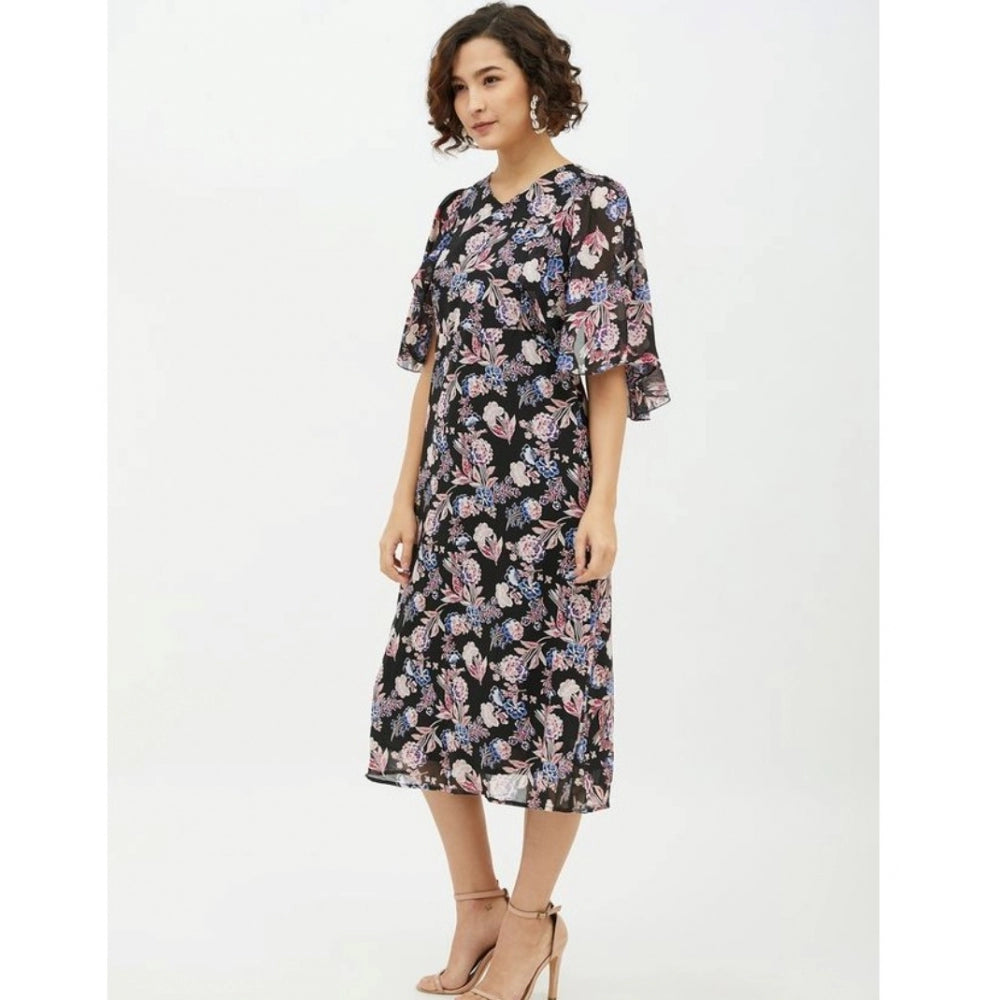 Amfyn Women's Polyester Chain Print Cap Sleeve Calf-length Dress (Multicolor)