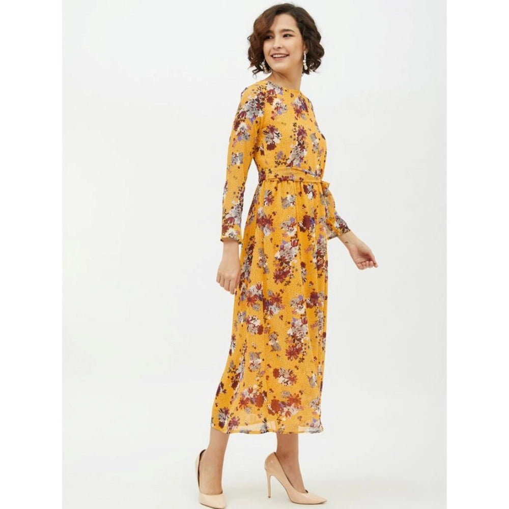 Amfyn Women's Polyester Floral Long Sleeves Calf-length Dress (Multicolor)