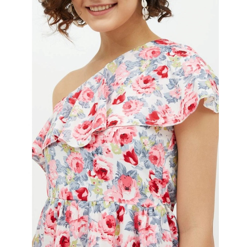 Amfyn Women's Polyester Floral One Shoulder Calf-length Dress (Multicolor)