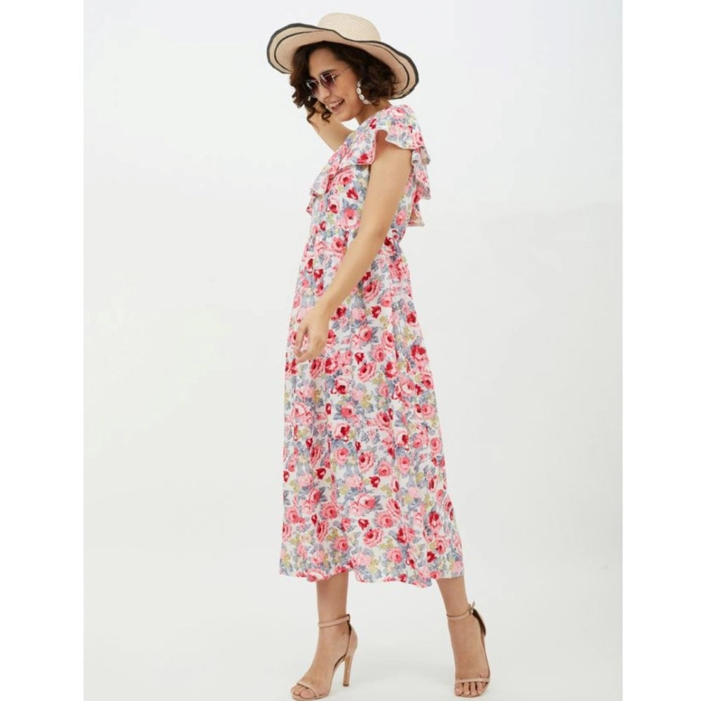 Amfyn Women's Polyester Floral One Shoulder Calf-length Dress (Multicolor)