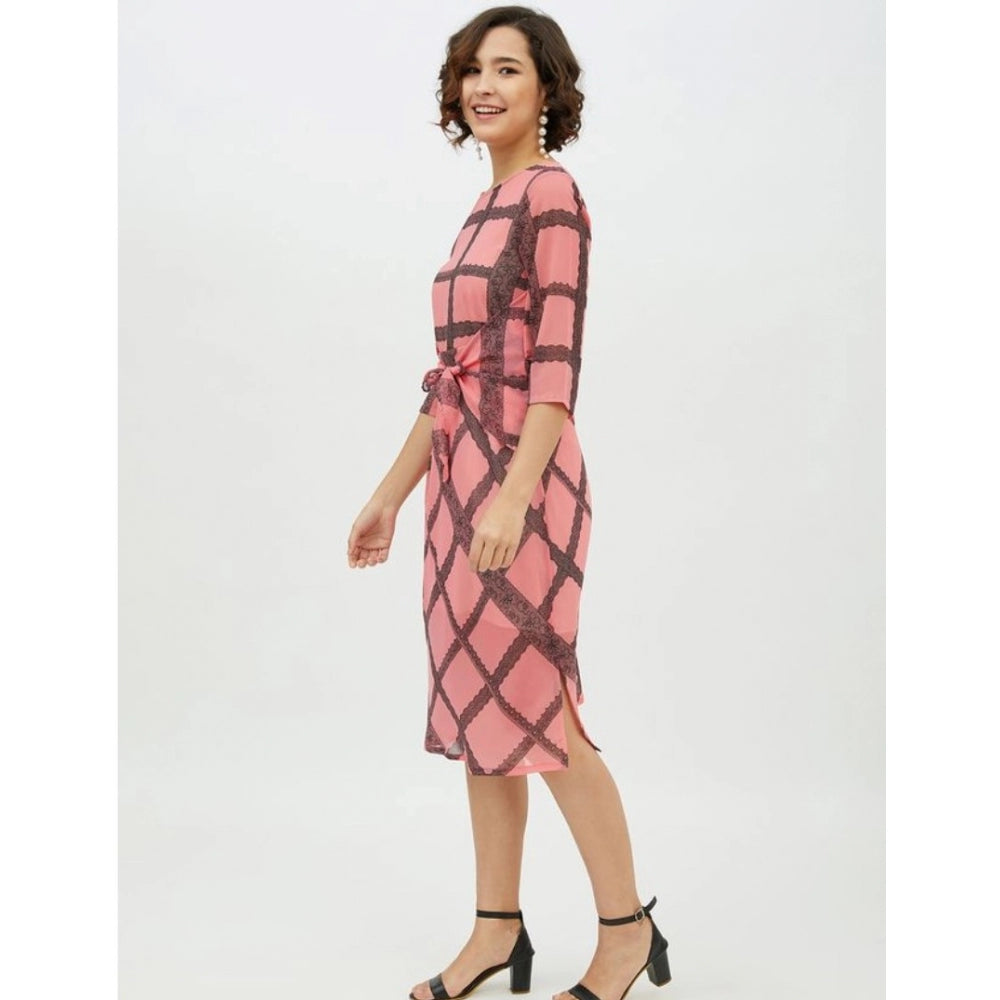 Amfyn Women's Polyester Checkered 3-4th Sleeves Below Knee Dress (Pink)