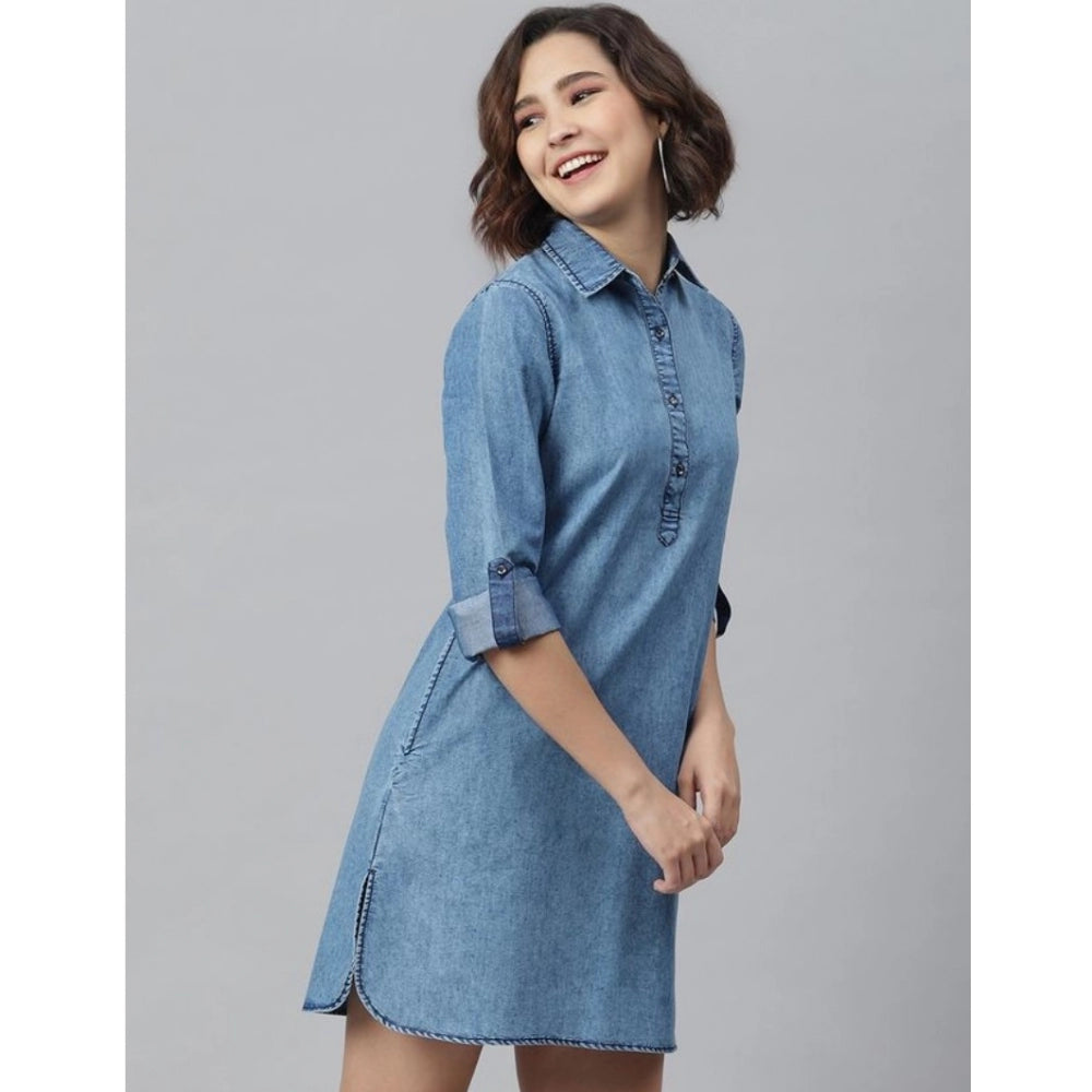 Amfyn Women's Denim Solid Long Sleeves Above Knee Dress (Ice Blue)