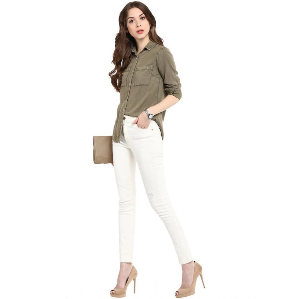 Amfyn Women's Rayon Solid Long Sleeves Standard Length Shirt (Olive Green)