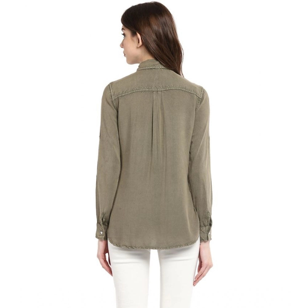 Amfyn Women's Rayon Solid Long Sleeves Standard Length Shirt (Olive Green)