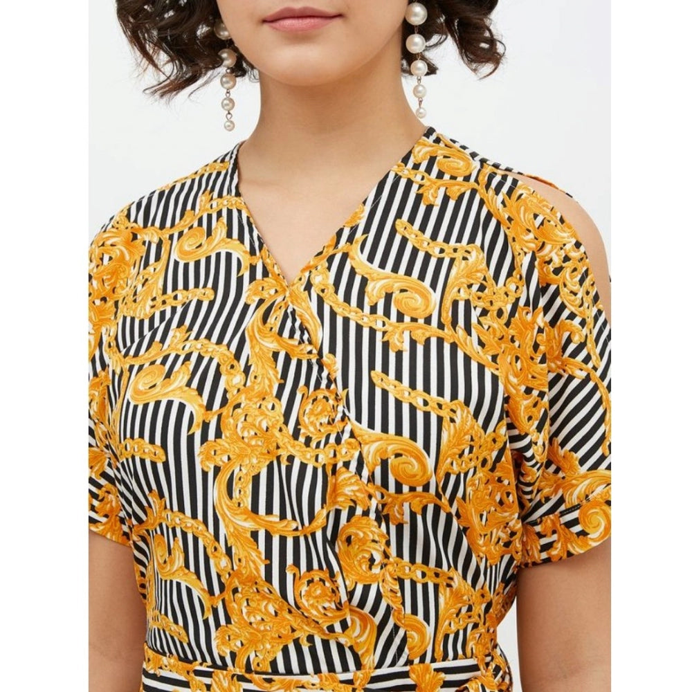 Amfyn Women's Polyester Printed Half Sleeve Long Jumpsuit (Yellow)