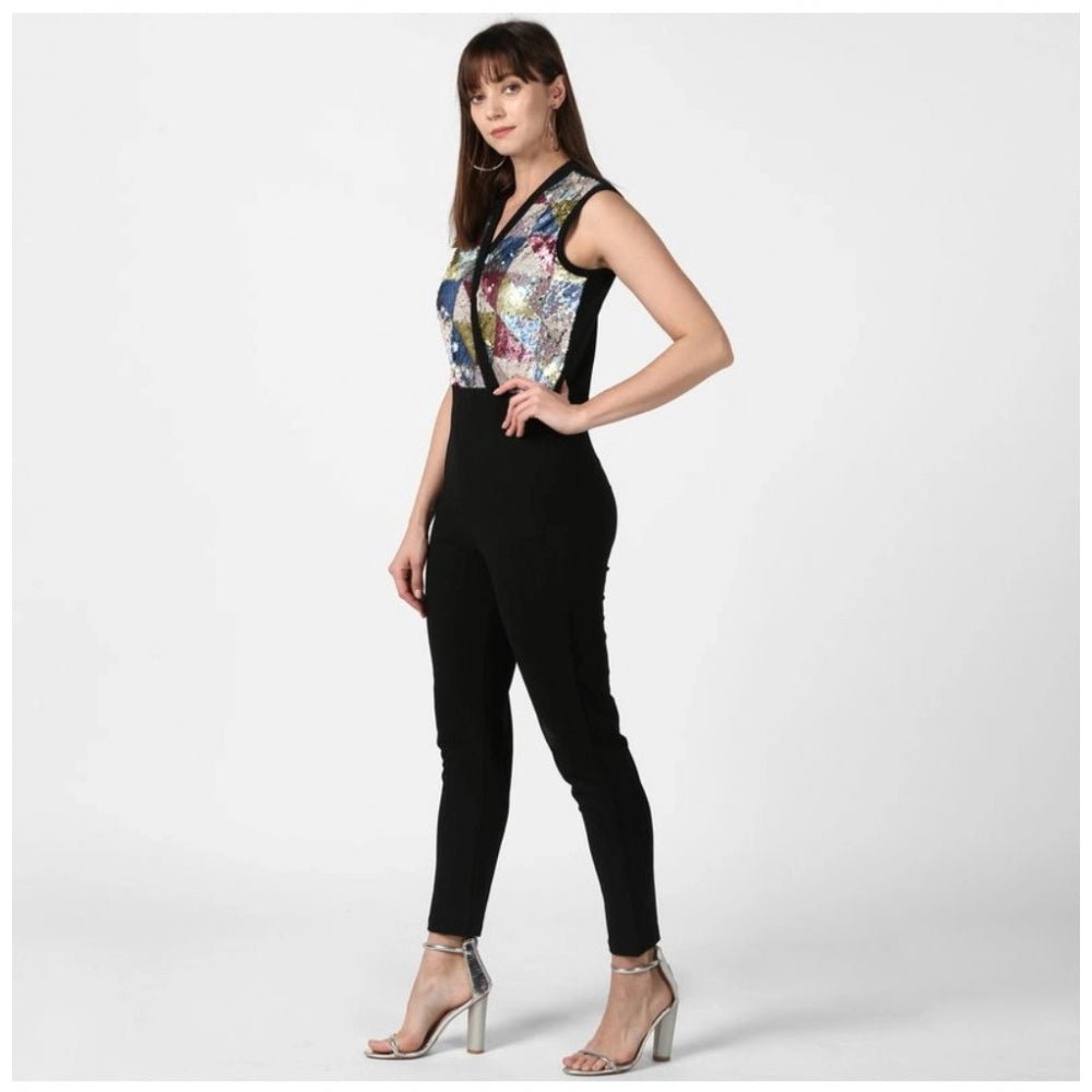 Amfyn Women's Polyester Embellished Sleeveless Jumpsuit (Black)