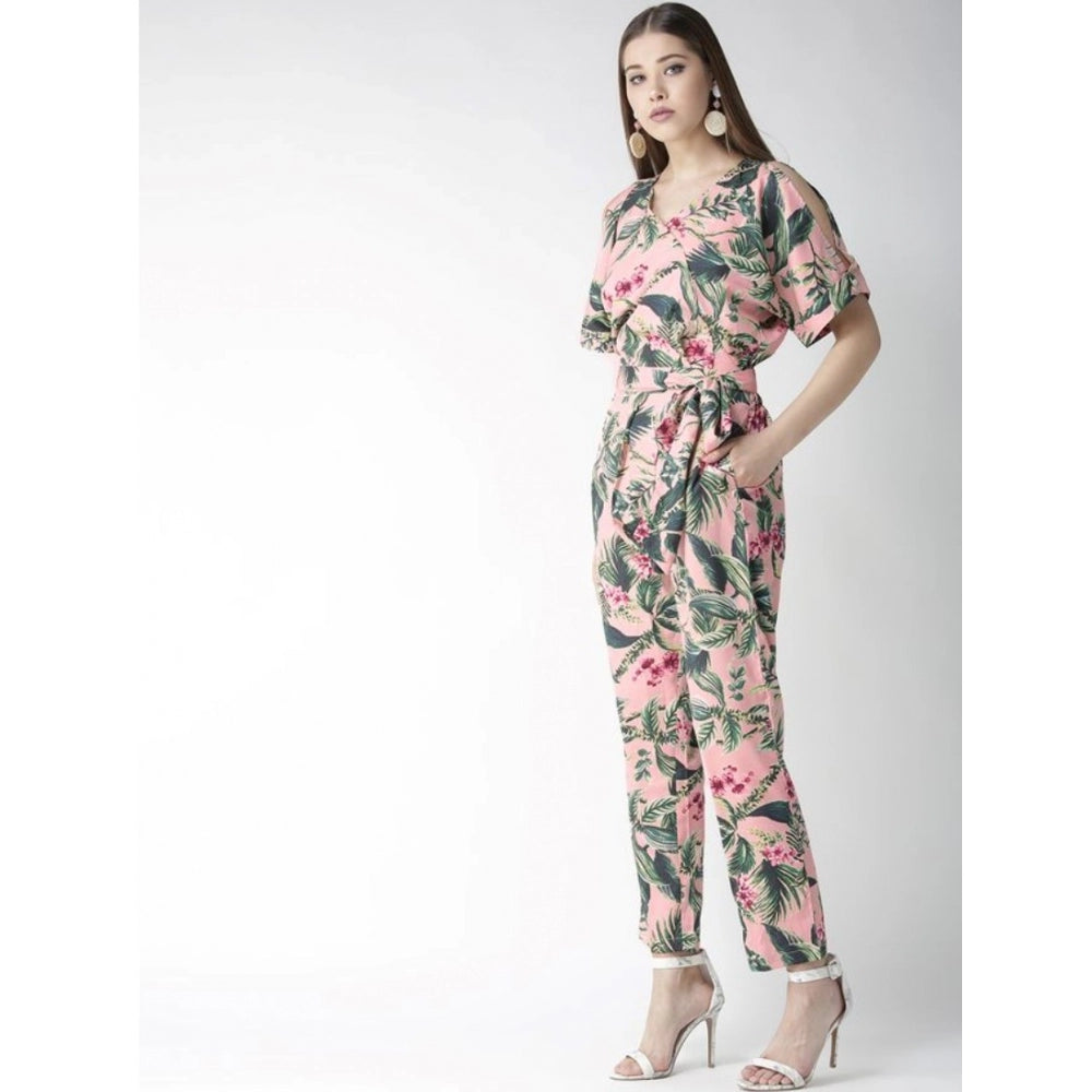 Amfyn Women's Polyester Floral Half Sleeve Jumpsuit (Pink)