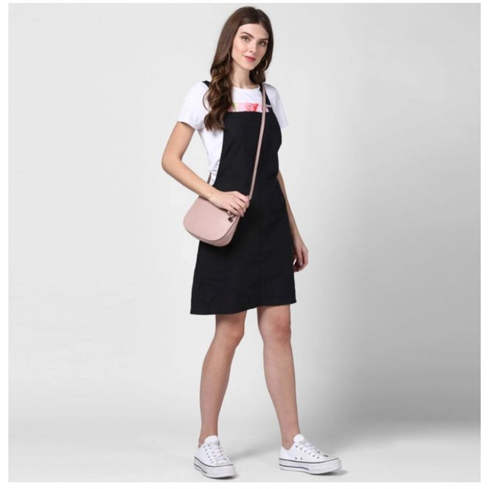 Amfyn Women's Denim Solid Shoulder Straps Above Knee Dungaree (Black)