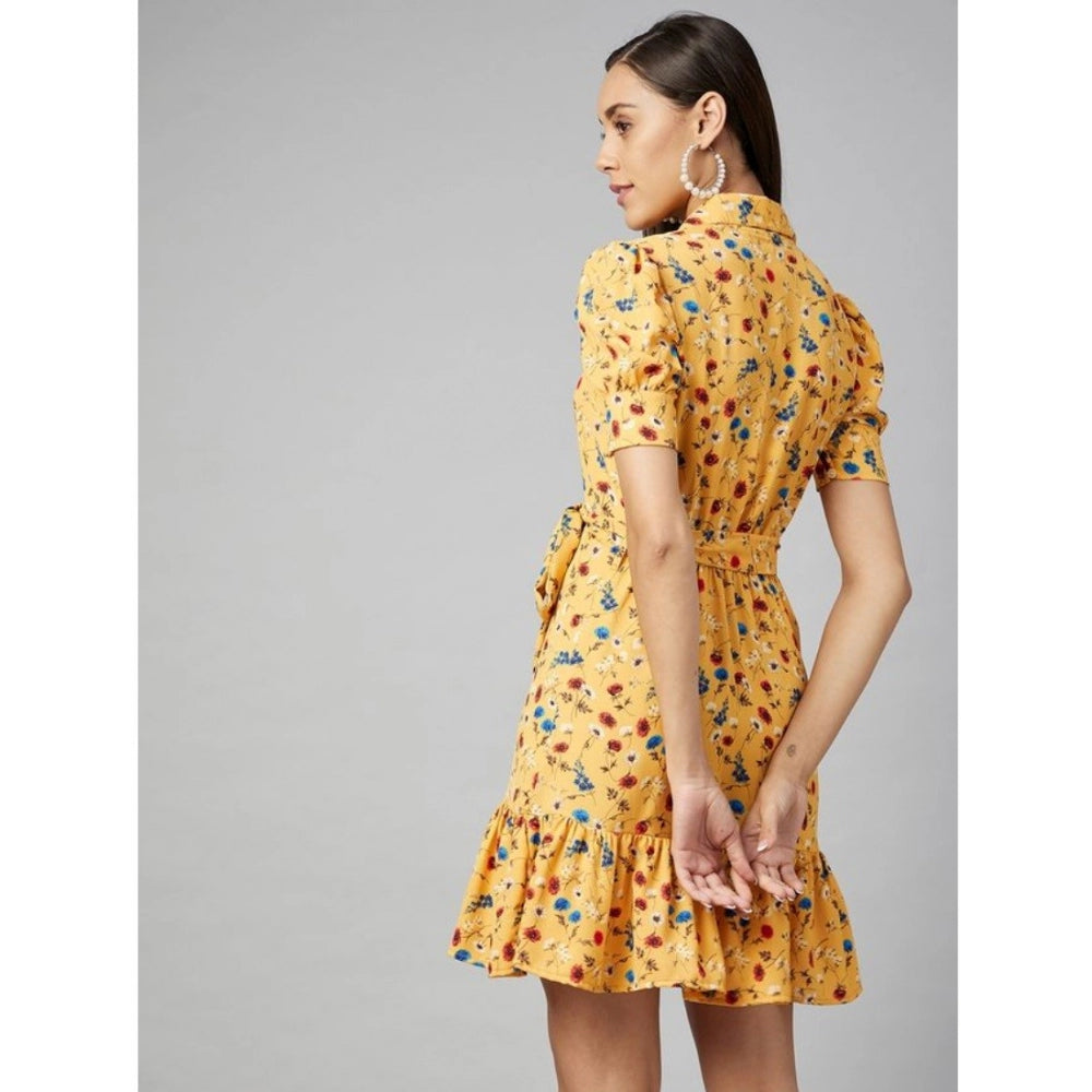 Amfyn Women's Polyester Floral Short Sleeve Above Knee Dress (Yellow)